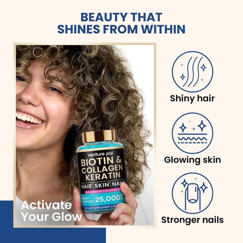 Venture Pal Biotin Gummies with Collagen & Keratin β 10,000 mcg Biotin, Hair, Skin & Nails Support, Sugar Free, Non-GMO, 60ct