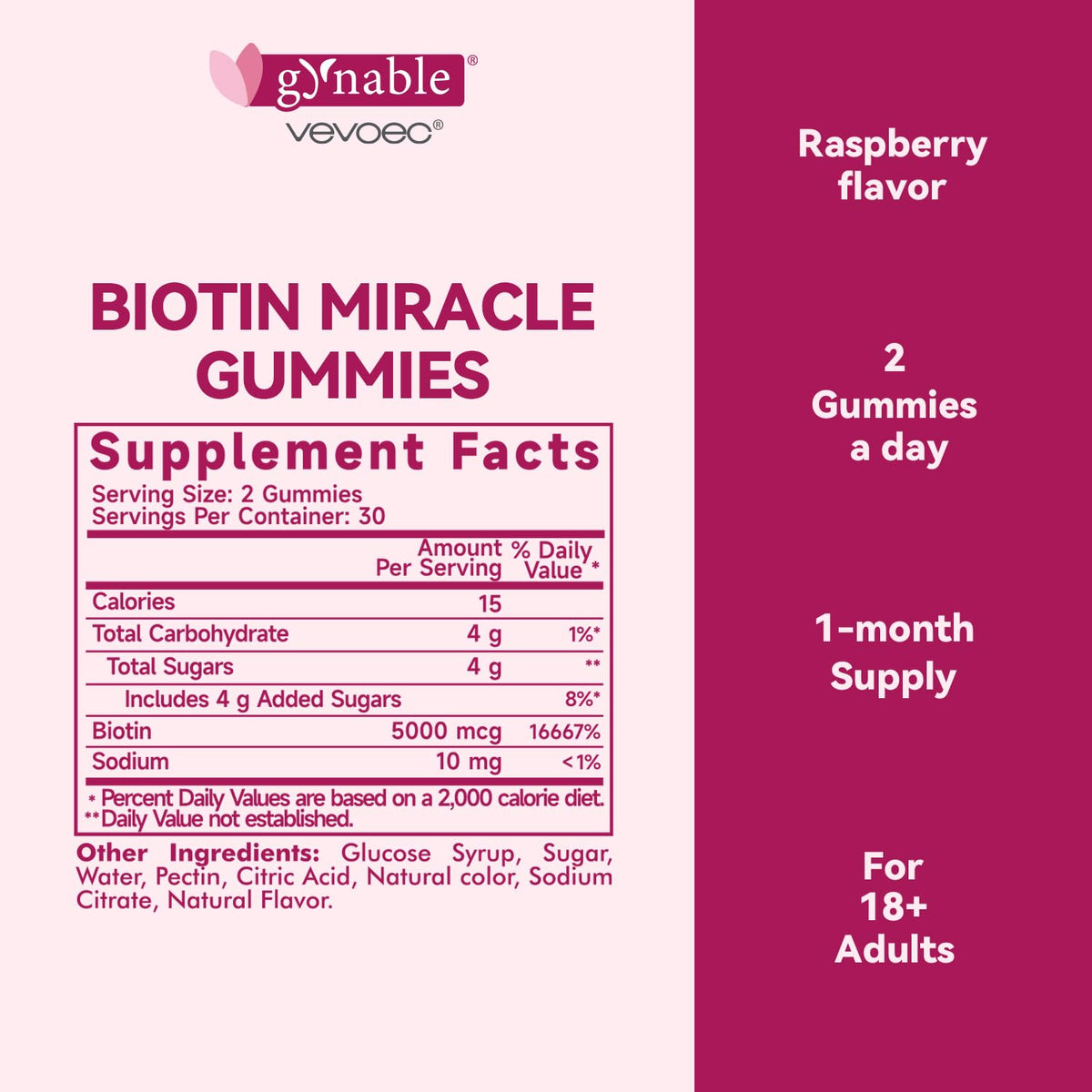 Vevoec Gynable Biotin Gummies 5000 mcg β Hair Skin Nails (60 Count)