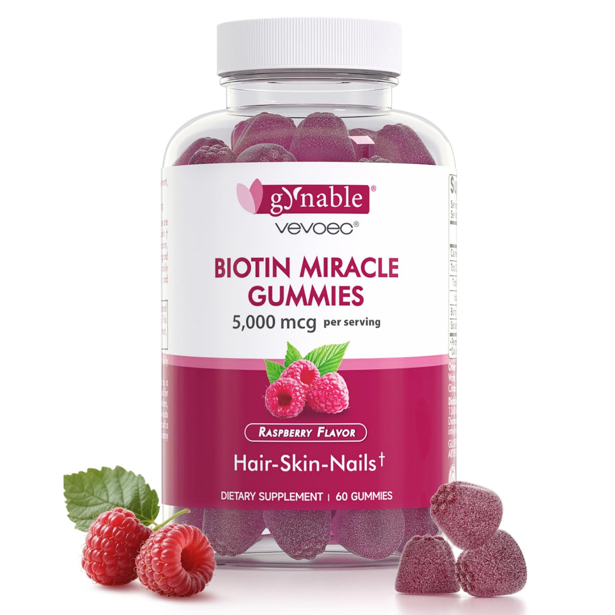 Vevoec Gynable Biotin Gummies 5000 mcg β Hair Skin Nails (60 Count)