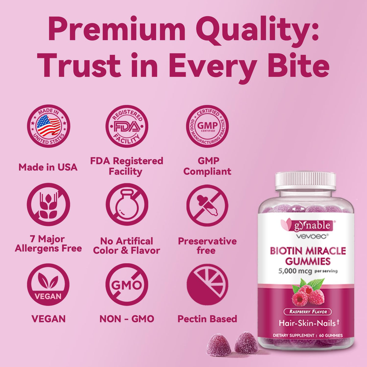 Vevoec Gynable Biotin Gummies 5000 mcg β Hair Skin Nails (60 Count)