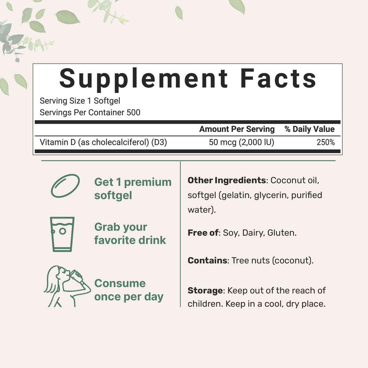Vitamin D3 2000 IU β 500 Softgels | Virgin Coconut Oil | Cholecalciferol | Non-GMO