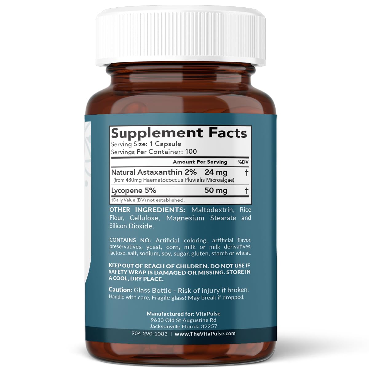 VitaPulse Astaxanthin 24mg with Lycopene 50mg β 100 Vegetarian Capsules | Non-GMO & Gluten Free