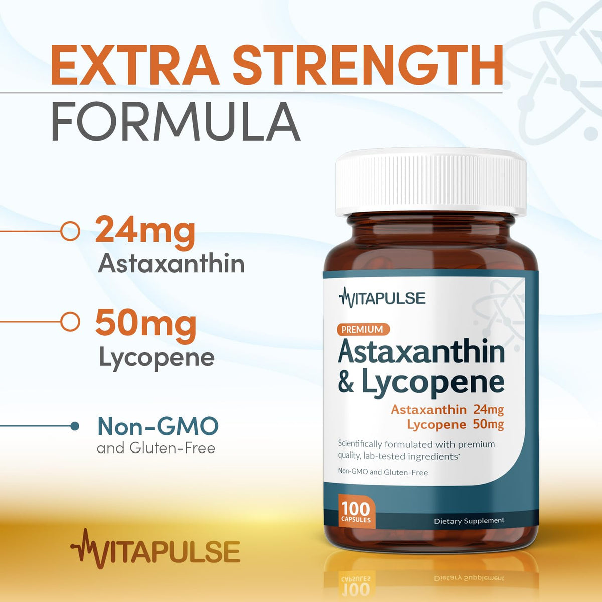 VitaPulse Astaxanthin 24mg with Lycopene 50mg β 100 Vegetarian Capsules | Non-GMO & Gluten Free