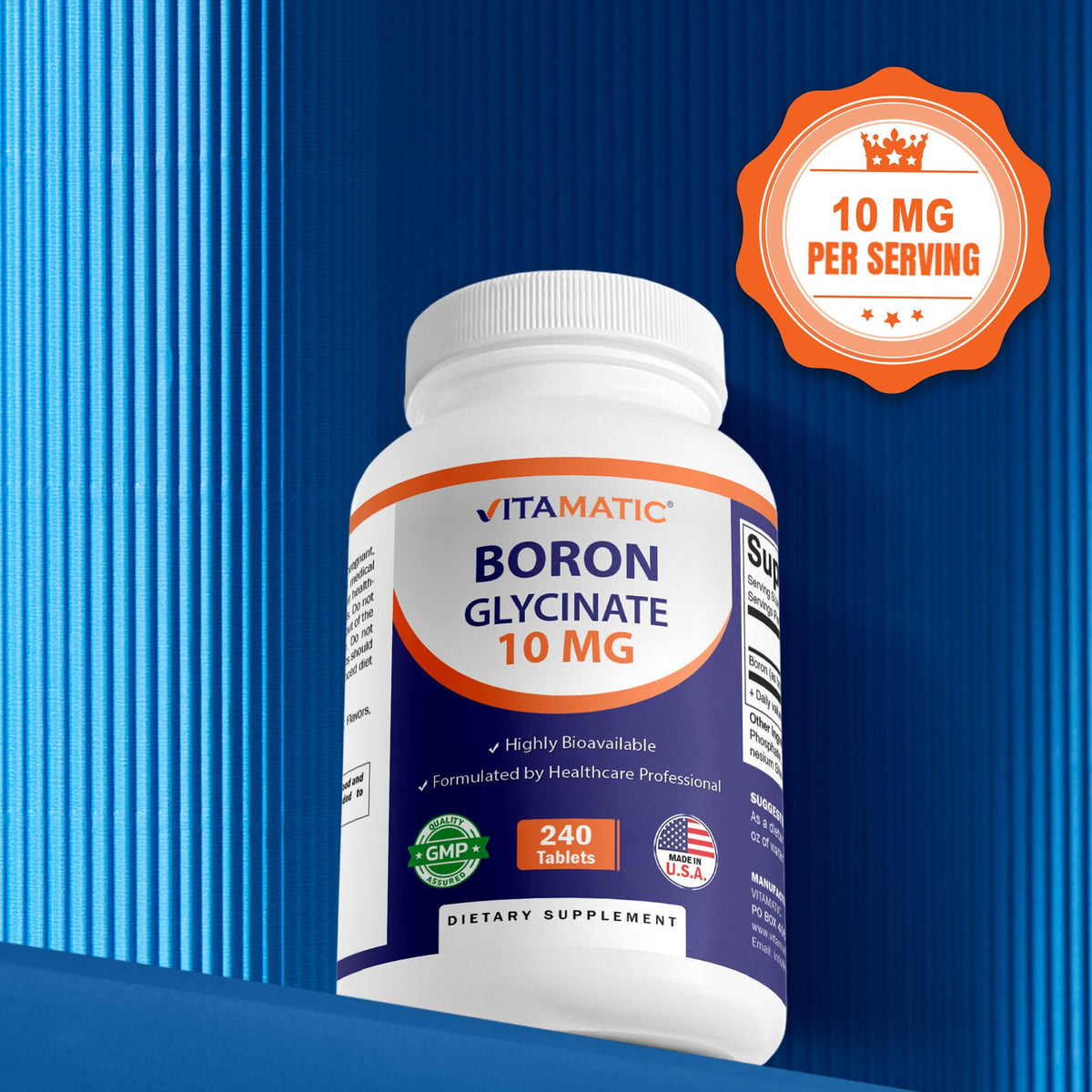 Vitamatic Chelated Boron Glycinate 10mg β 240 Tablets | Supports Hormone Balance & Bone Health
