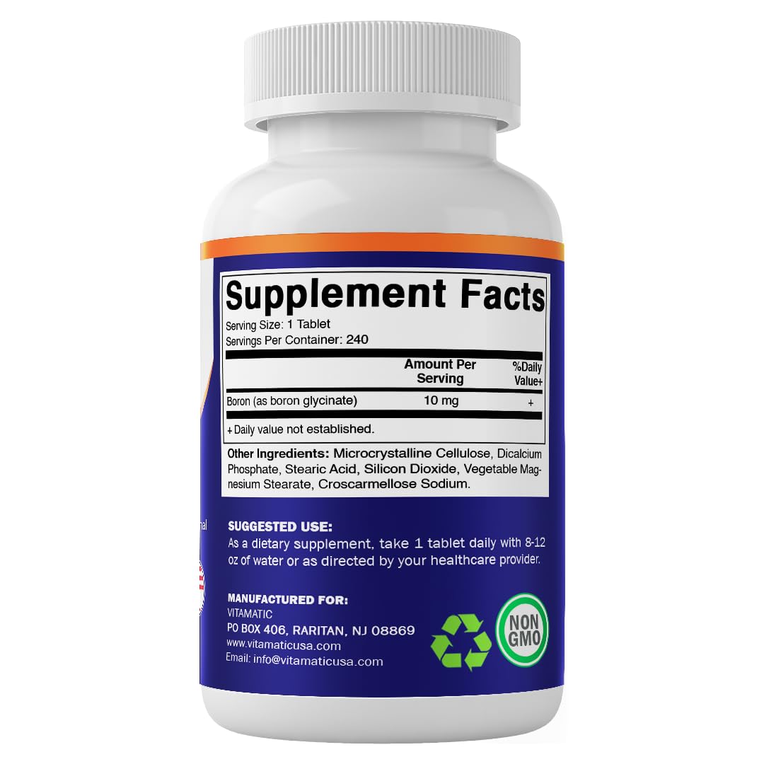 Vitamatic Chelated Boron Glycinate 10mg β 240 Tablets | Supports Hormone Balance & Bone Health