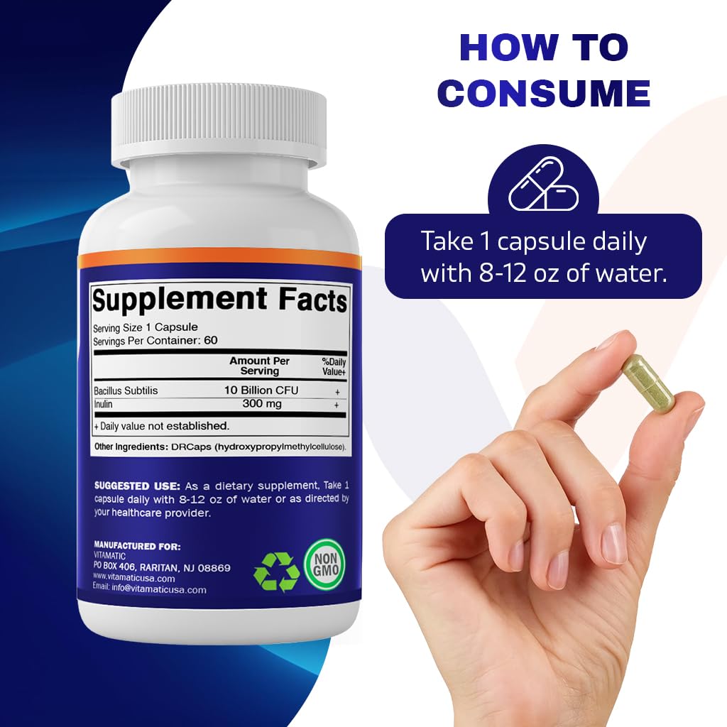 Vitamatic Bacillus Subtilis 10B DR Capsule β 60 Count | Digestive & Immune Health + Prebiotic Inulin