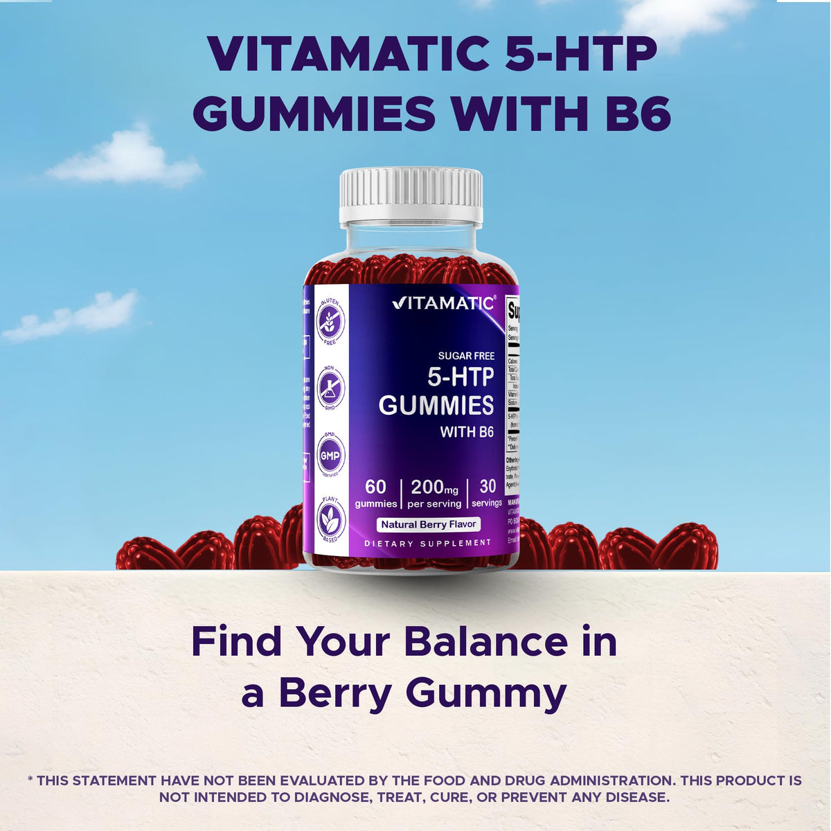 Vitamatic Sugar Free 5-HTP 200mg Gummies with B6 – 60 Pectin-Based Vegan Gummies