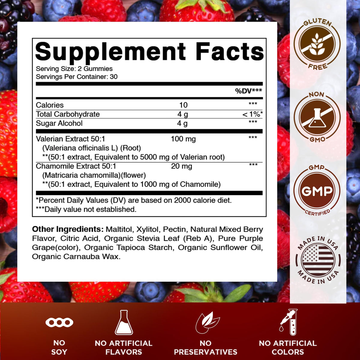 Vitamatic Valerian Root Chamomile Gummies β 6000 mg per Serving, Mixed Berry β 60 Gummies | Non-GMO, Gluten-Free
