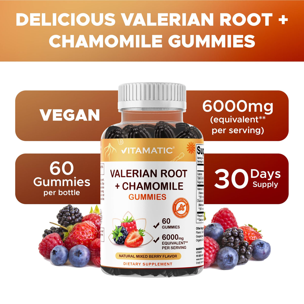 Vitamatic Valerian Root Chamomile Gummies β 6000 mg per Serving, Mixed Berry β 60 Gummies | Non-GMO, Gluten-Free