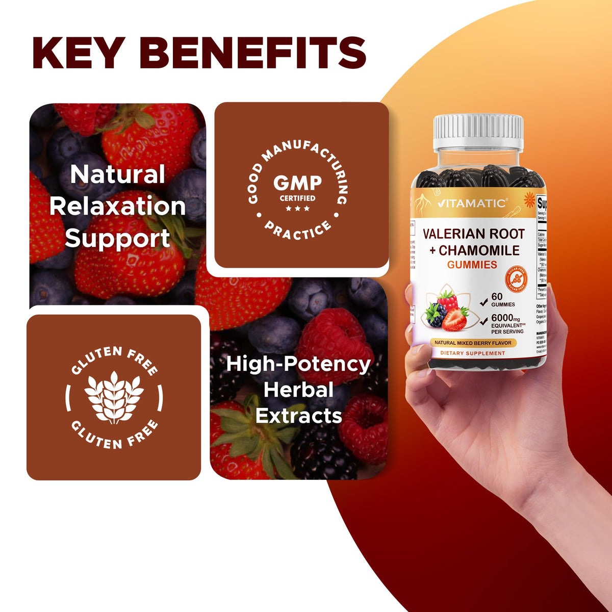 Vitamatic Valerian Root Chamomile Gummies β 6000 mg per Serving, Mixed Berry β 60 Gummies | Non-GMO, Gluten-Free
