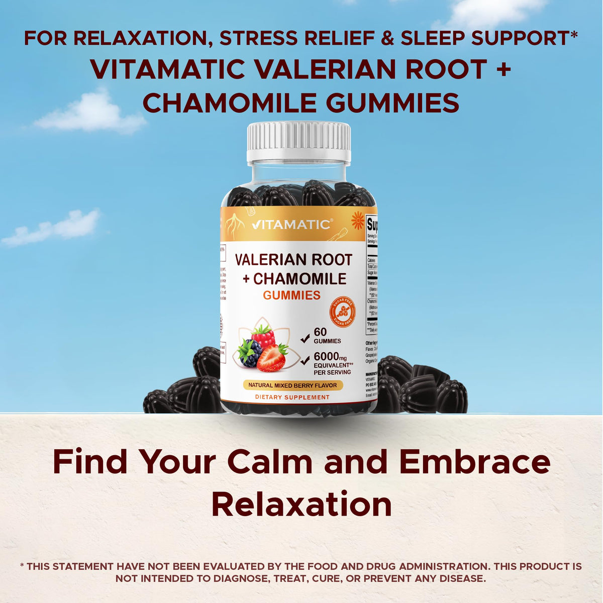 Vitamatic Valerian Root Chamomile Gummies β 6000 mg per Serving, Mixed Berry β 60 Gummies | Non-GMO, Gluten-Free