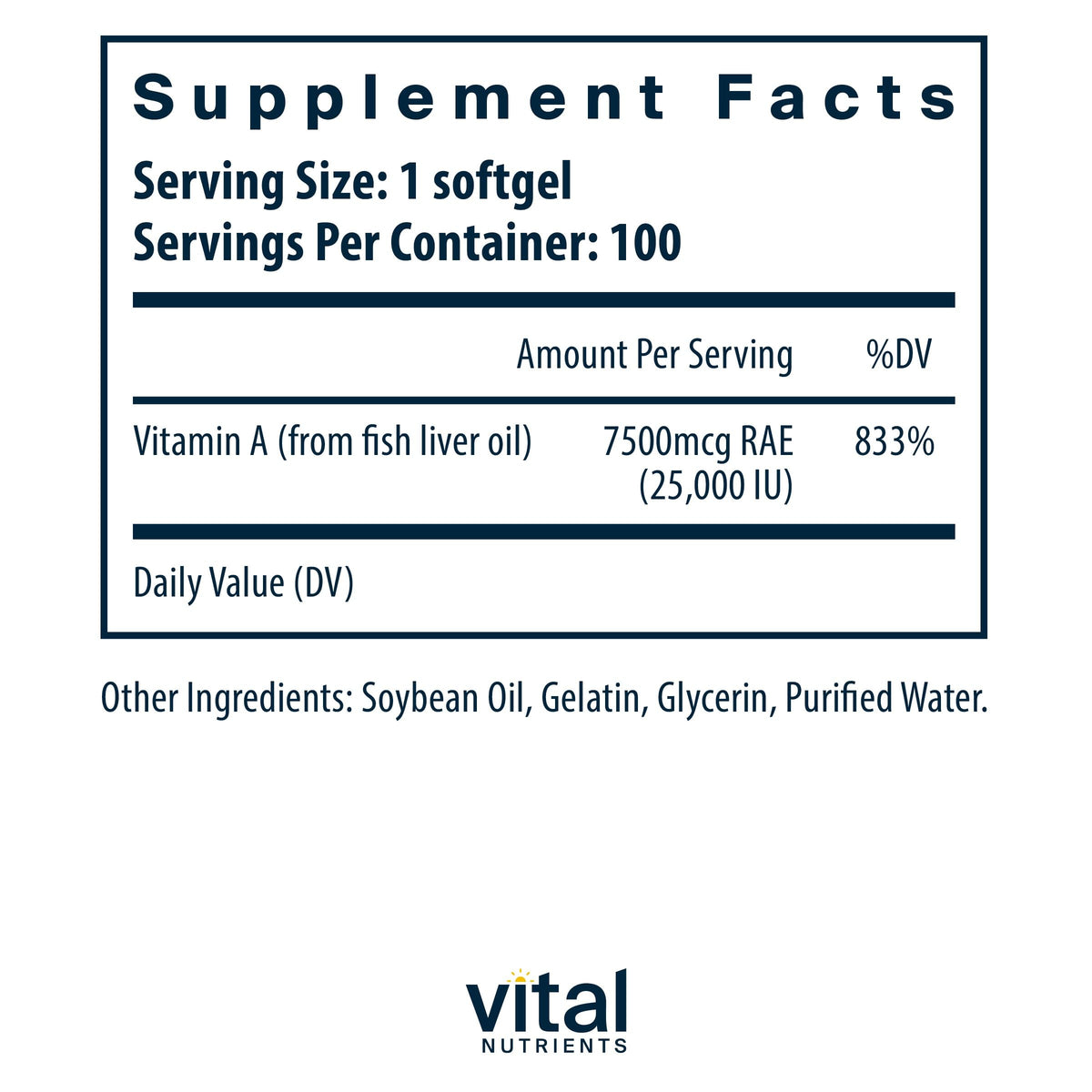 Vital Nutrients Vitamin A 7500mcg RAE β Immune, Vision, Skin Support | 100 Capsules