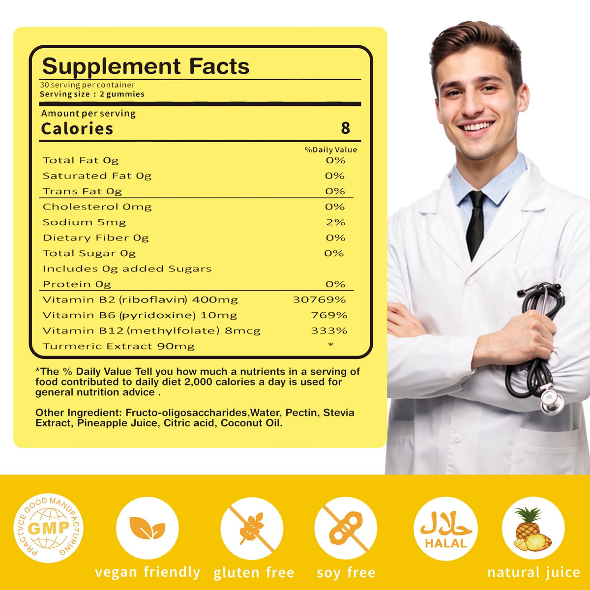 Vitamin B2 Gummies Riboflavin 400mg – Vegan Pineapple Turmeric B Complex (60 Count)