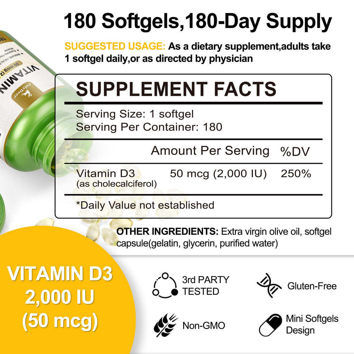 Vitamin D3 2000 IU (50 mcg) 360 Softgels β Immune & Bone Health | Non-GMO, Gluten-Free
