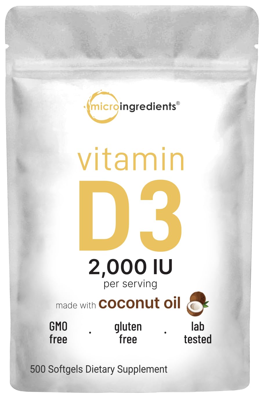 Vitamin D3 2000 IU β 500 Softgels | Virgin Coconut Oil | Cholecalciferol | Non-GMO
