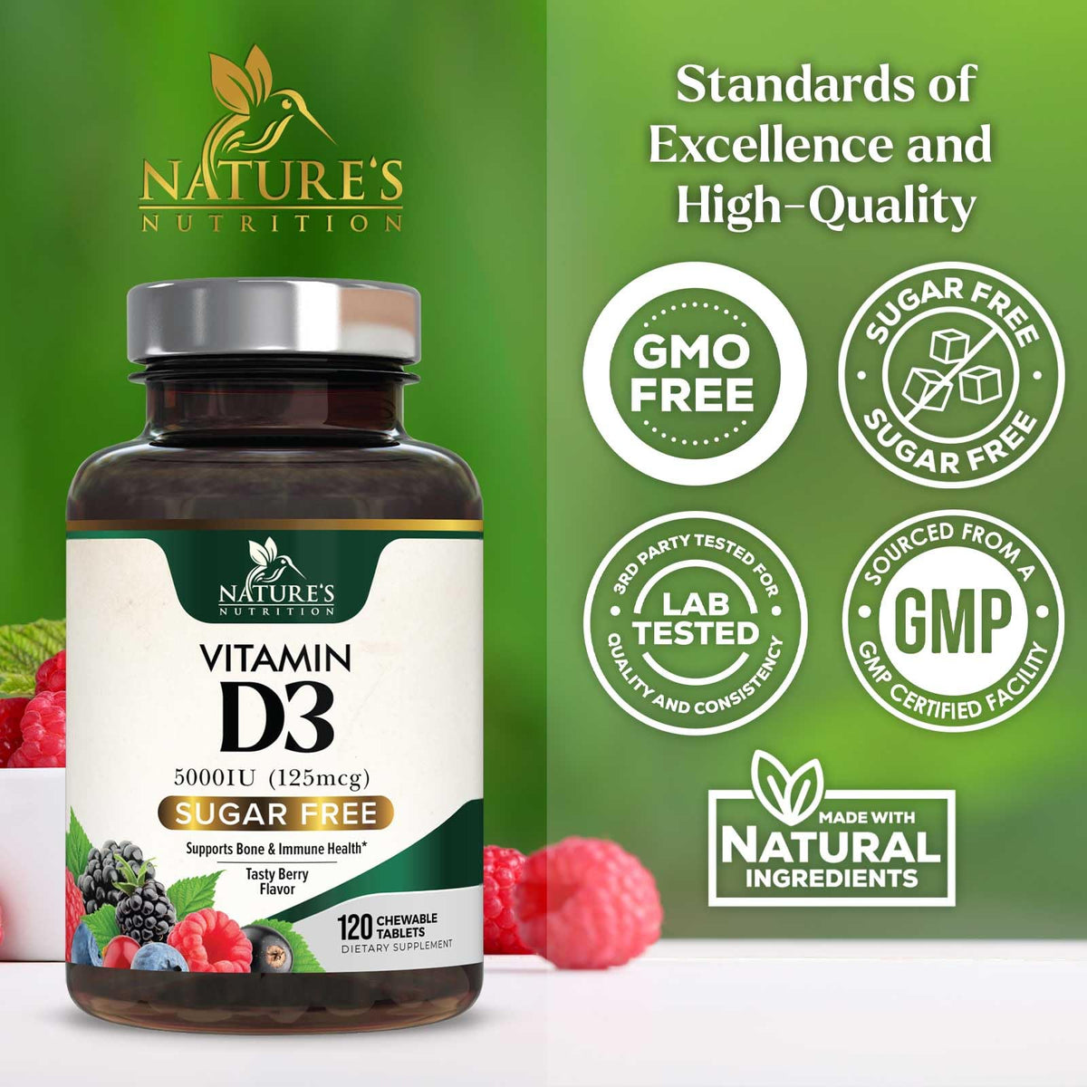 Vitamin D3 5000 IU Chewables β Immune & Bone Support | Nature's Nutrition