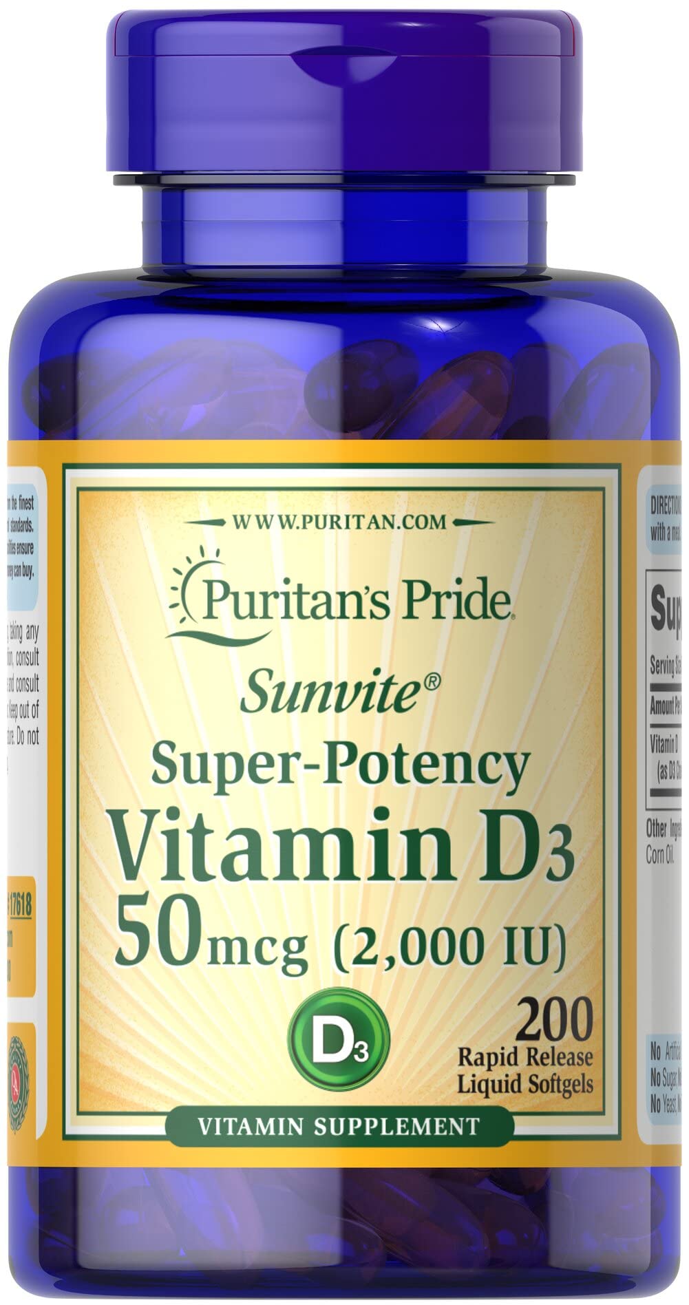 Vitamin D3 50mcg (2,000 IU) Softgels β Immune Health & Bone Support | Puritan's Pride (200 Softgels)