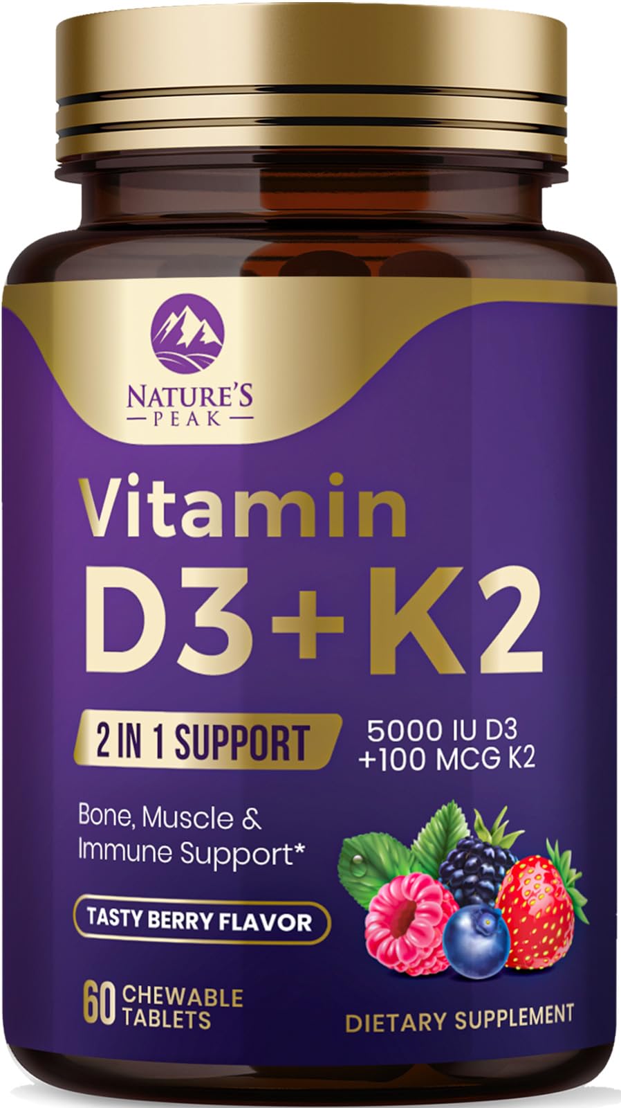 Vitamin D3 K2 5000 IU β Berry Chewables 60 Tablets | Immune, Bone & Heart Health | Gluten Free, Non-GMO, USA Bottled