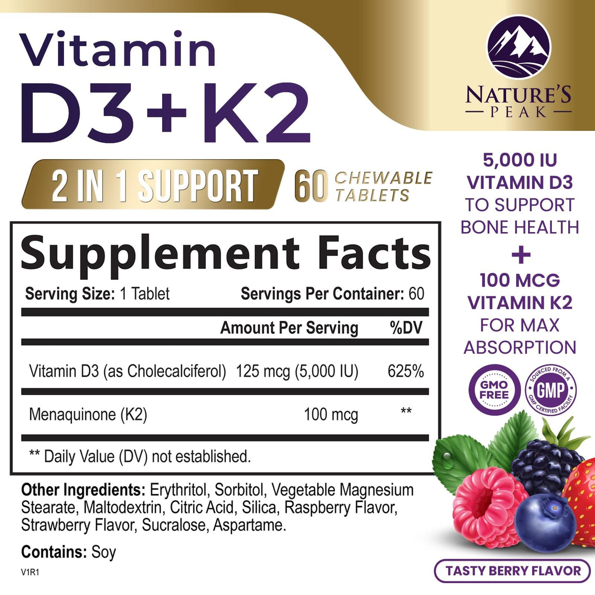 Vitamin D3 K2 5000 IU β Berry Chewables 60 Tablets | Immune, Bone & Heart Health | Gluten Free, Non-GMO, USA Bottled