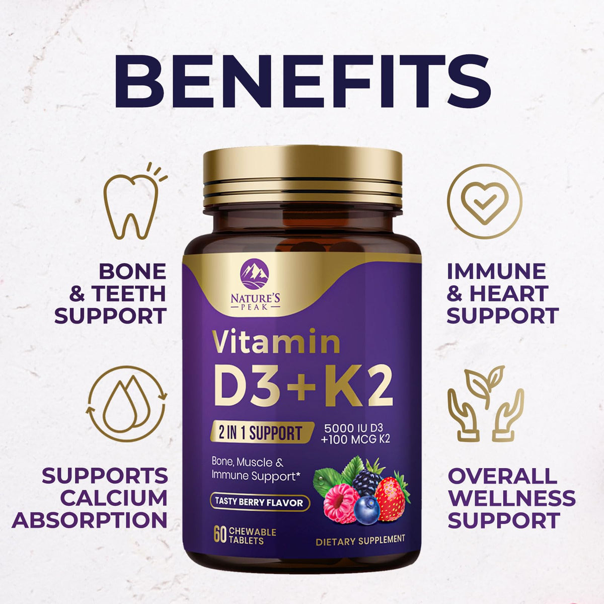 Vitamin D3 K2 5000 IU β Berry Chewables 60 Tablets | Immune, Bone & Heart Health | Gluten Free, Non-GMO, USA Bottled