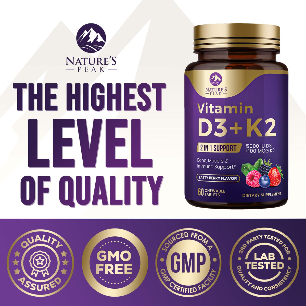 Vitamin D3 K2 5000 IU β Berry Chewables 60 Tablets | Immune, Bone & Heart Health | Gluten Free, Non-GMO, USA Bottled