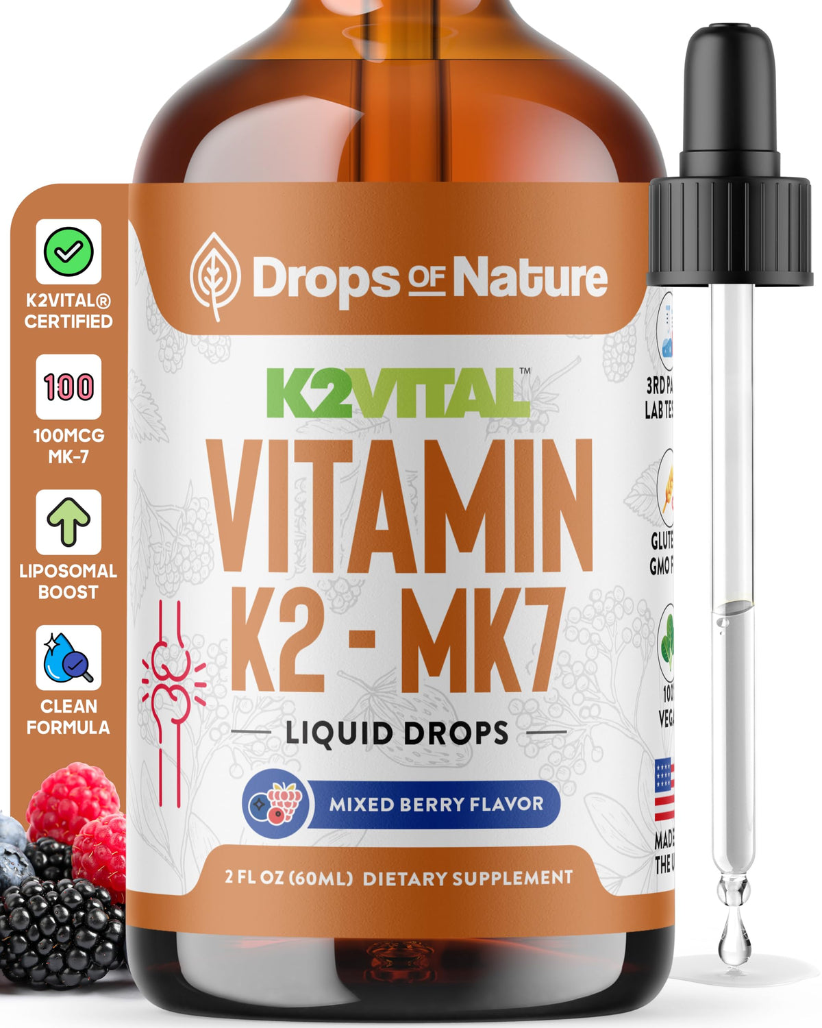 Vitamin K2 MK7 Liquid β 100 mcg, Vegan & Non-GMO, 60ml Berry Flavor | Bone & Cardiovascular Support