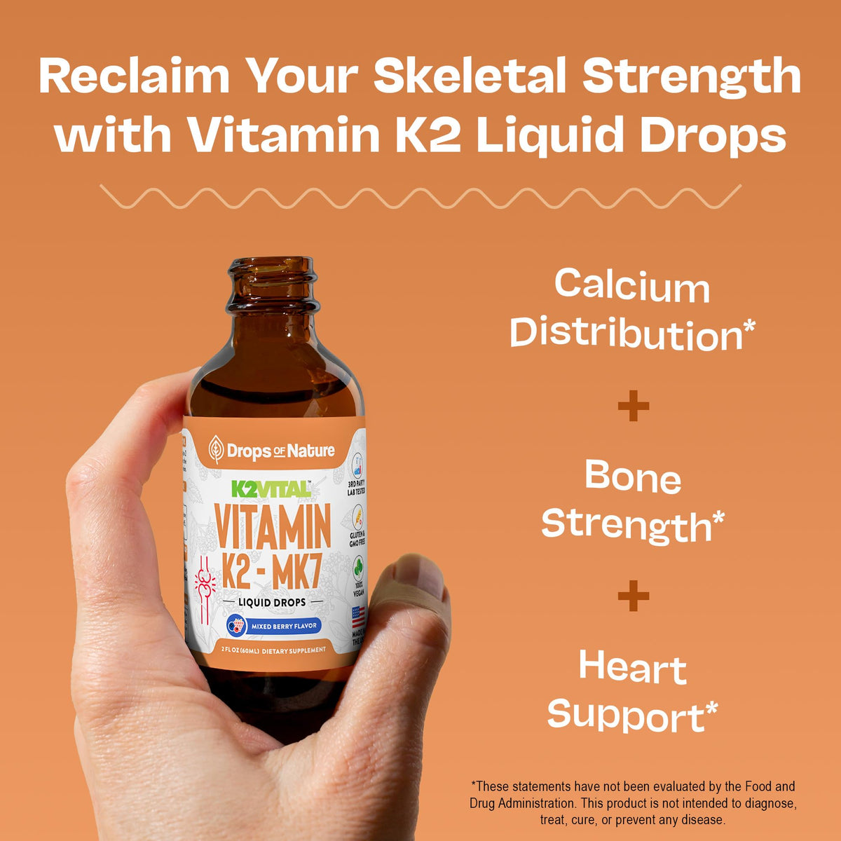 Vitamin K2 MK7 Liquid β 100 mcg, Vegan & Non-GMO, 60ml Berry Flavor | Bone & Cardiovascular Support
