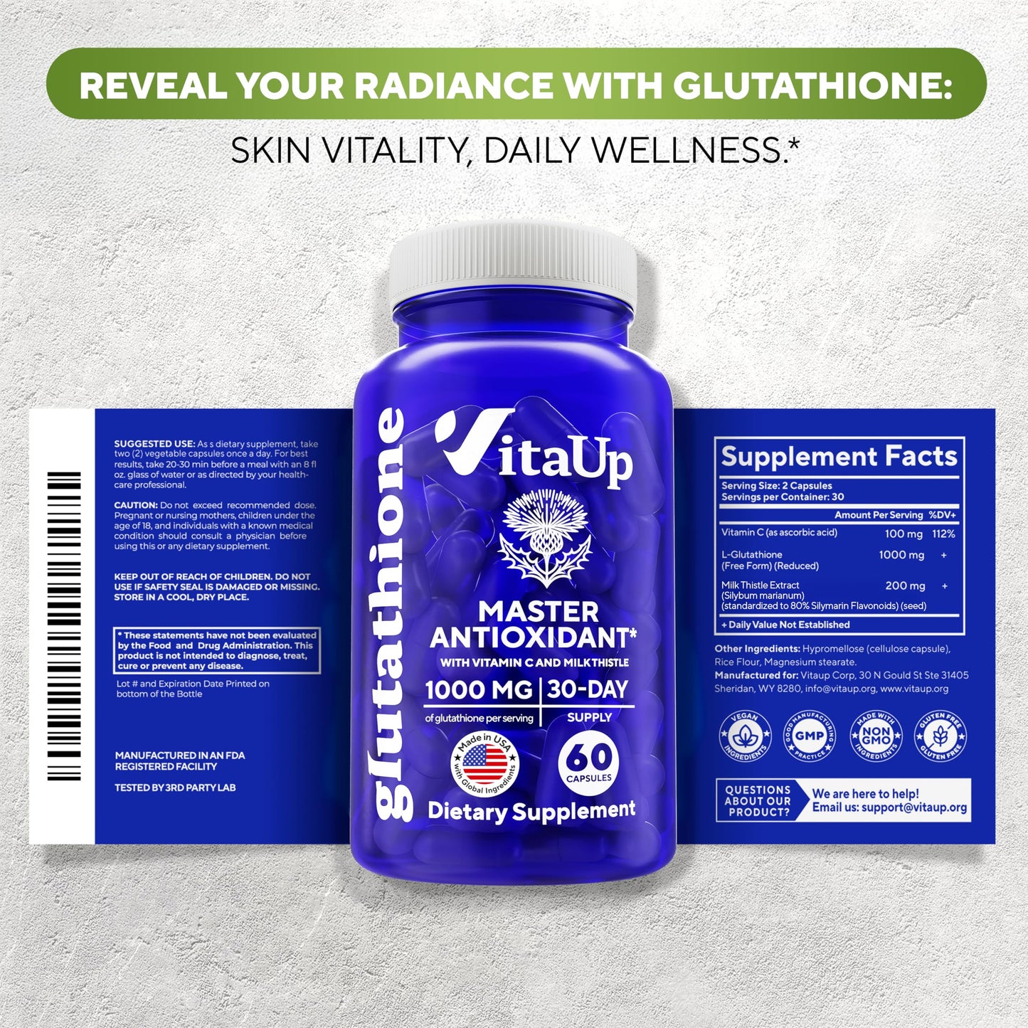 VitaUp Reduced Glutathione 1000mg Capsules – USA Made, Vitamin C & Milk Thistle (60 Count)