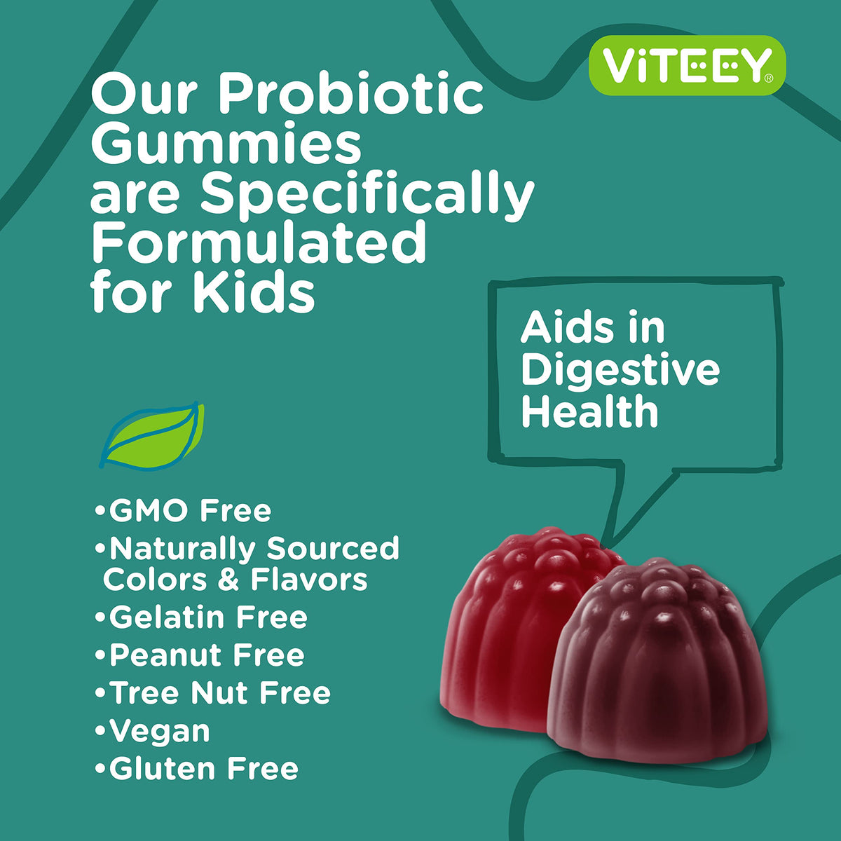 Viteey Probiotic Gummies for Kids with Prebiotic Fiber - 2B CFUs | Digestive & Gut Health, Constipation Relief - Vegan, Gelatin-Free, Berry Chewable