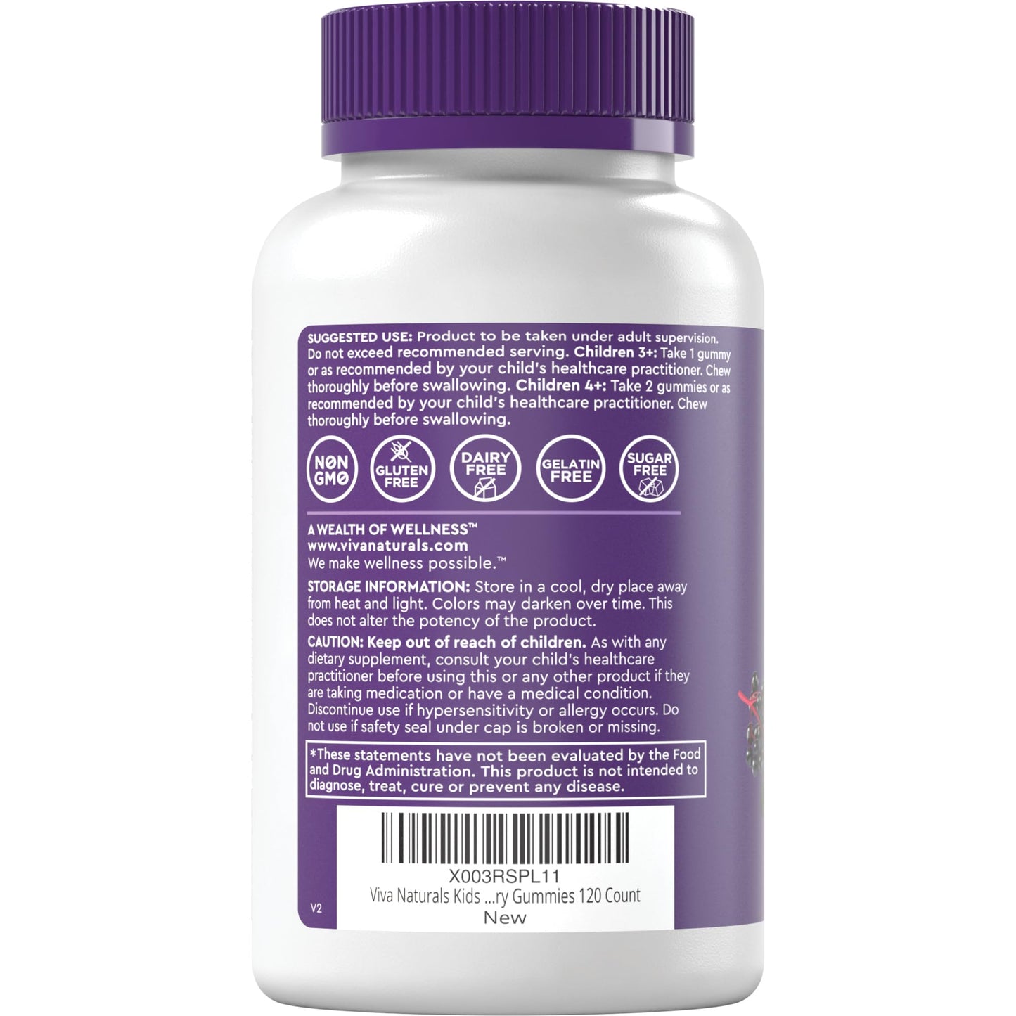 Viva Naturals Sugar-Free Sambucus Elderberry Gummies for Kids - 8-in-1 Immune Support | Vitamin C & Zinc | Vegan & Gluten-Free (120 count)