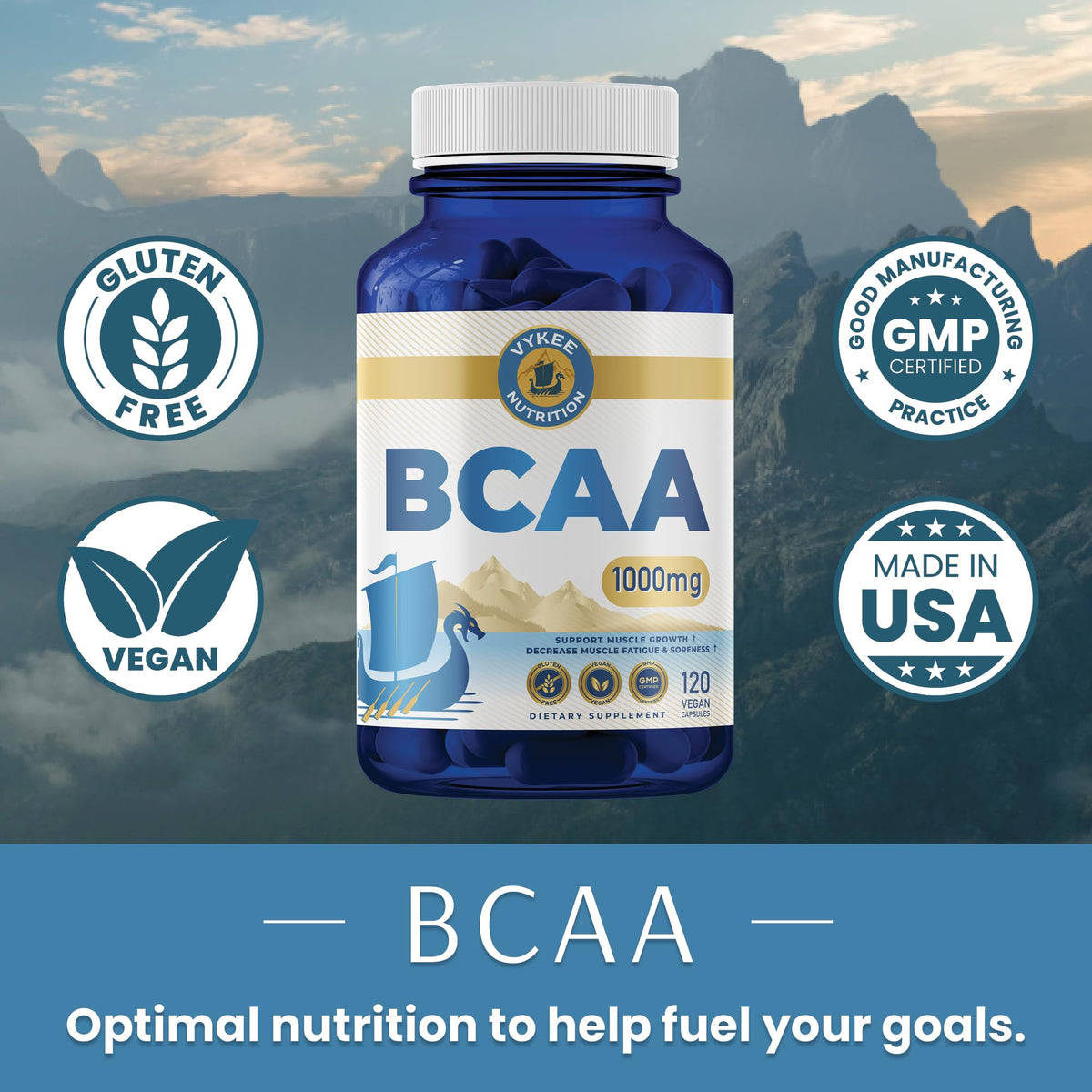 Vykee Nutrition BCAA Capsules β 1000mg BCAAs (2:1:1) | Vegan, Non-GMO | 120 Capsules