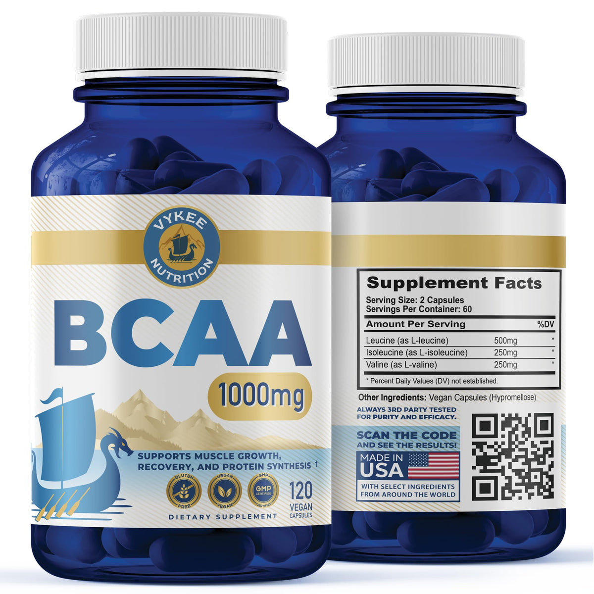 Vykee Nutrition BCAA Capsules β 1000mg BCAAs (2:1:1) | Vegan, Non-GMO | 120 Capsules