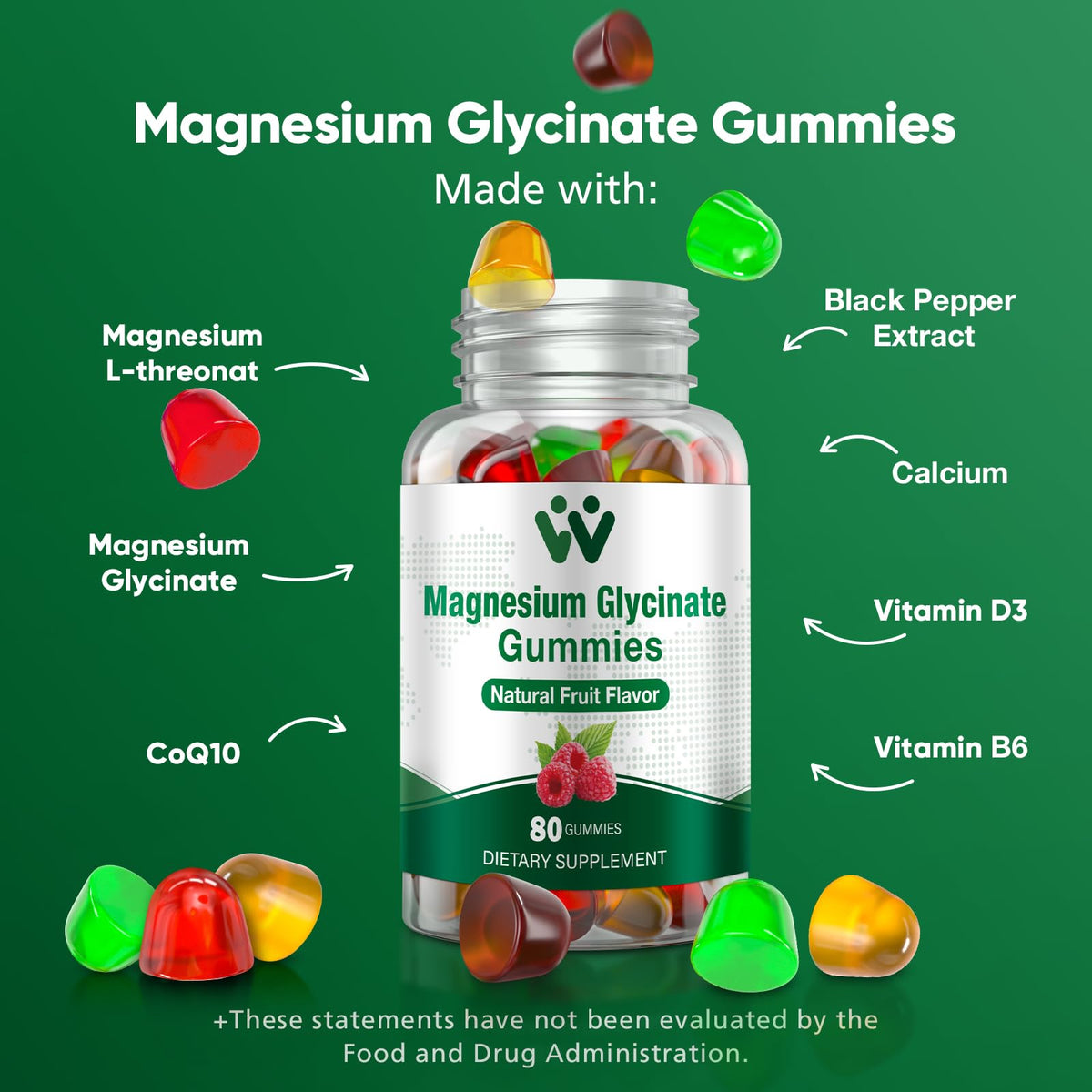WACHRAY Magnesium Glycinate Gummies 400 mg β Sugar-Free, 80 Count