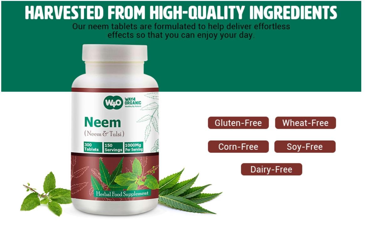 WAY 4 Organic W4O Neem Tulsi Tablets β 300 Pills, 150 Servings, 1000 mg, Equal Neem & Tulsi (Pack of 2)