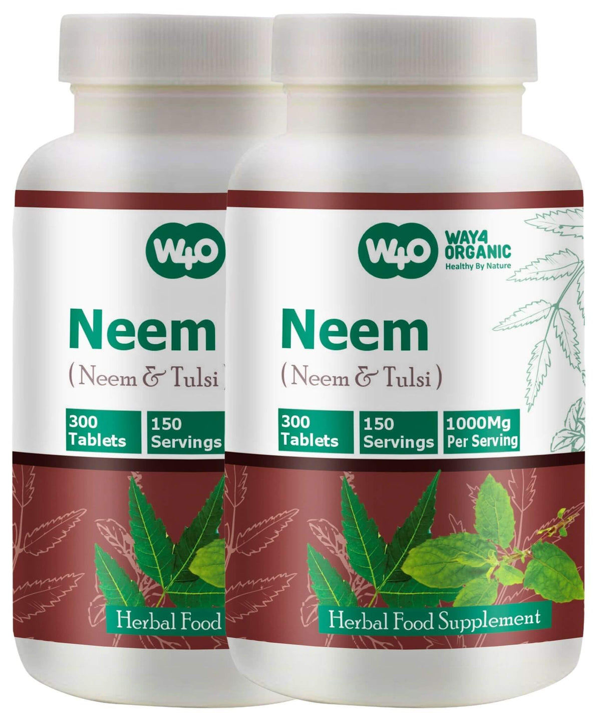 WAY 4 Organic W4O Neem Tulsi Tablets β 300 Pills, 150 Servings, 1000 mg, Equal Neem & Tulsi (Pack of 2)