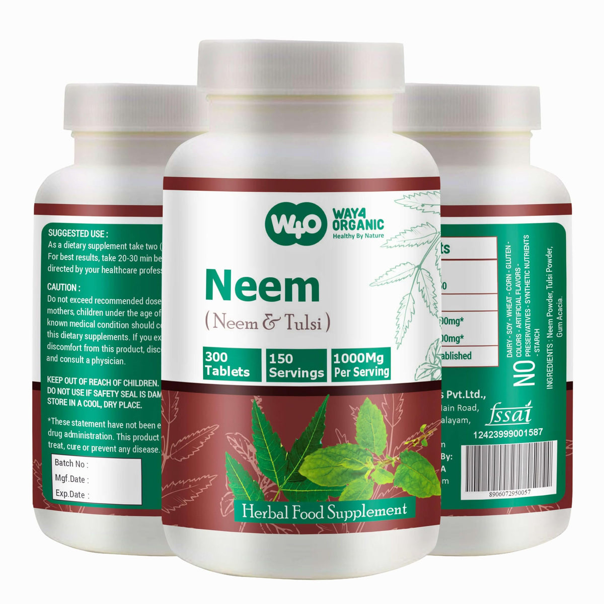 WAY 4 Organic W4O Neem Tulsi Tablets β 300 Pills, 150 Servings, 1000 mg, Equal Neem & Tulsi (Pack of 2)