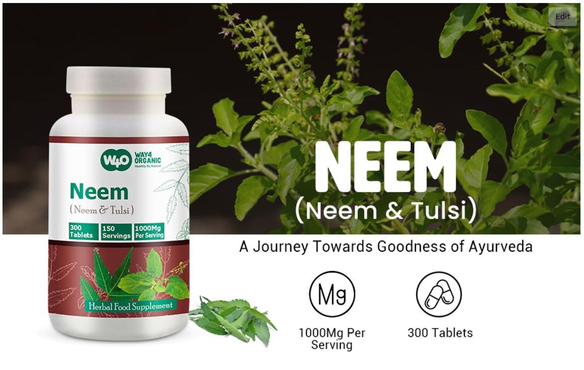 WAY 4 Organic W4O Neem Tulsi Tablets β 300 Pills, 150 Servings, 1000 mg, Equal Neem & Tulsi (Pack of 2)