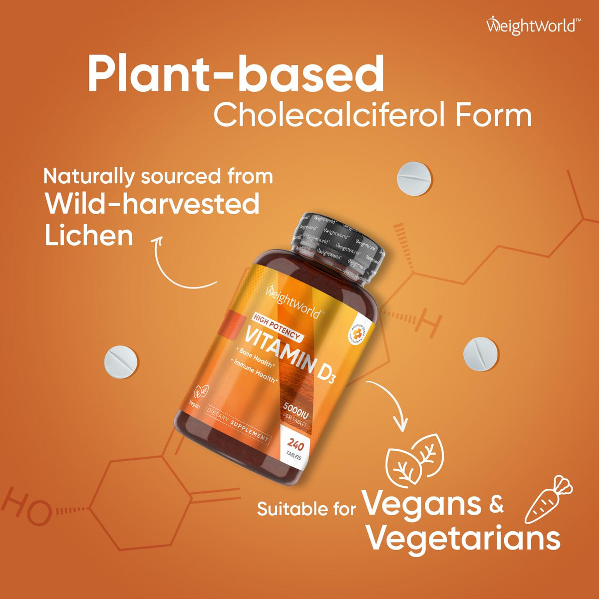 WeightWorld Vegan Vitamin D3 5000 IU β Wild-Harvested Lichen D3, 240 Tablets, Gluten & Allergen Free