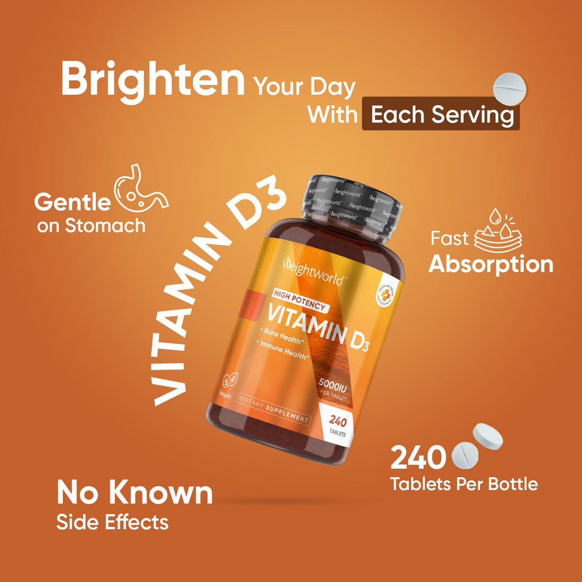 WeightWorld Vegan Vitamin D3 5000 IU β Wild-Harvested Lichen D3, 240 Tablets, Gluten & Allergen Free
