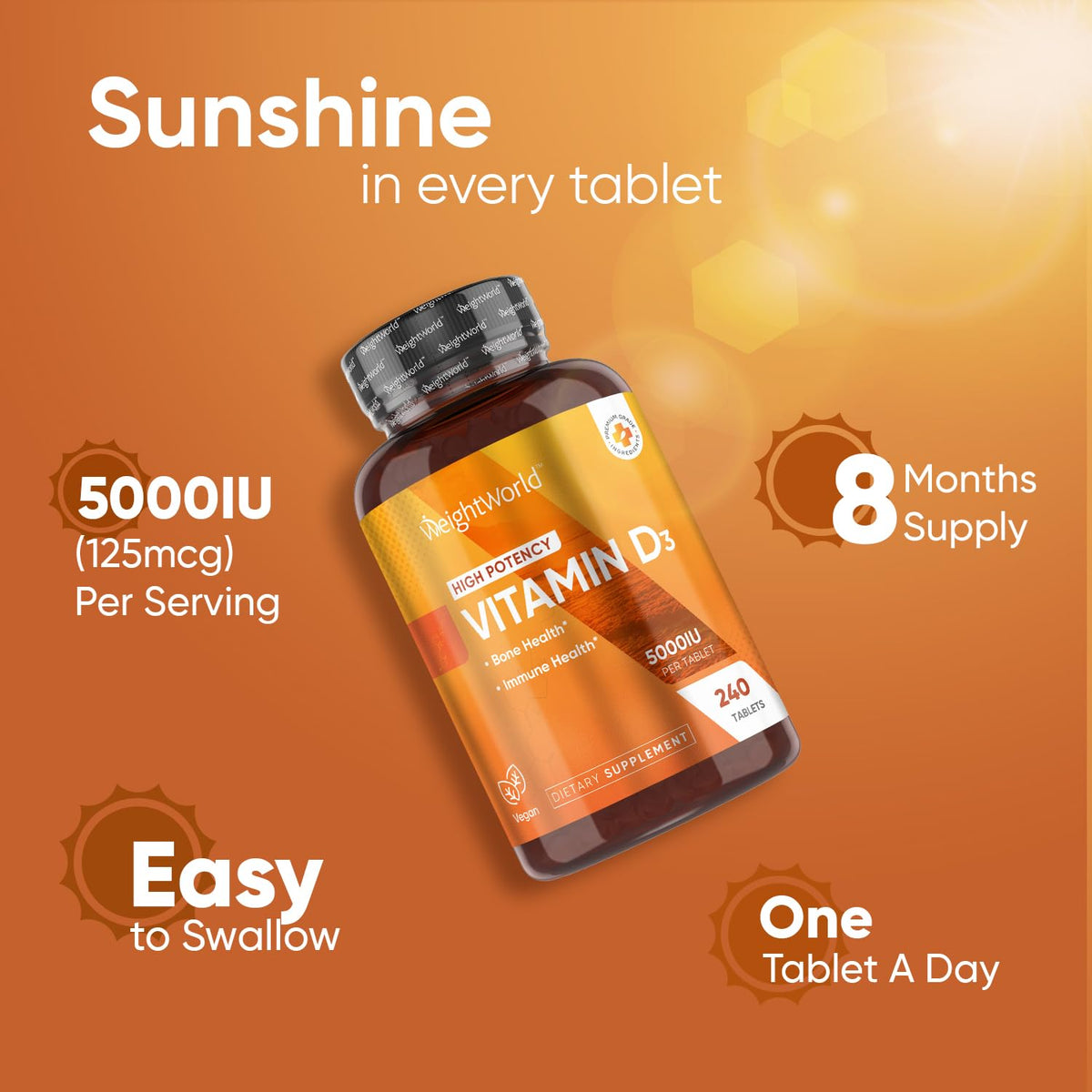 WeightWorld Vegan Vitamin D3 5000 IU β Wild-Harvested Lichen D3, 240 Tablets, Gluten & Allergen Free