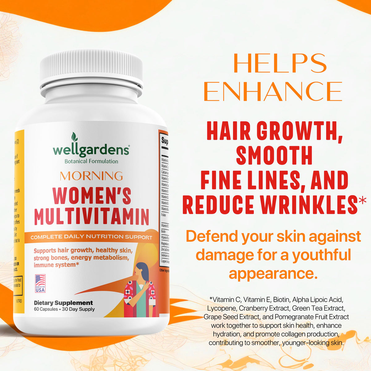 Wellgardens 100% Pure Women's Multivitamin – Hair Growth, Biotin & Zinc | Made in USA | 60 Caps