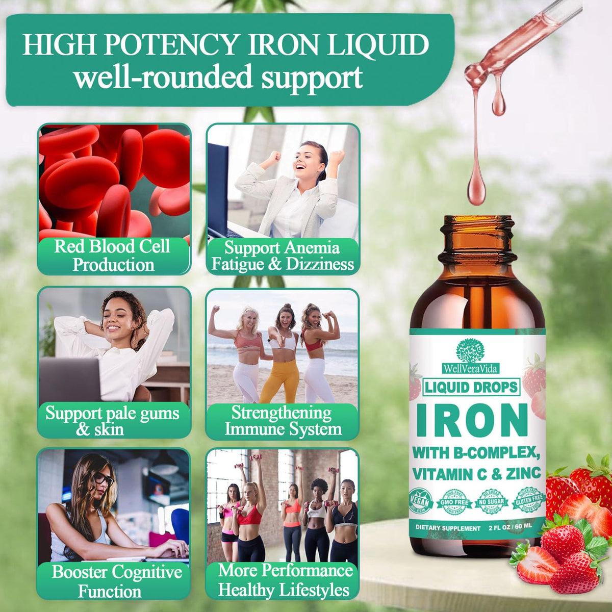 WellVeraVida Liquid Iron with Vitamin C, B-Complex & Multivitamin β Vegan Iron Drops