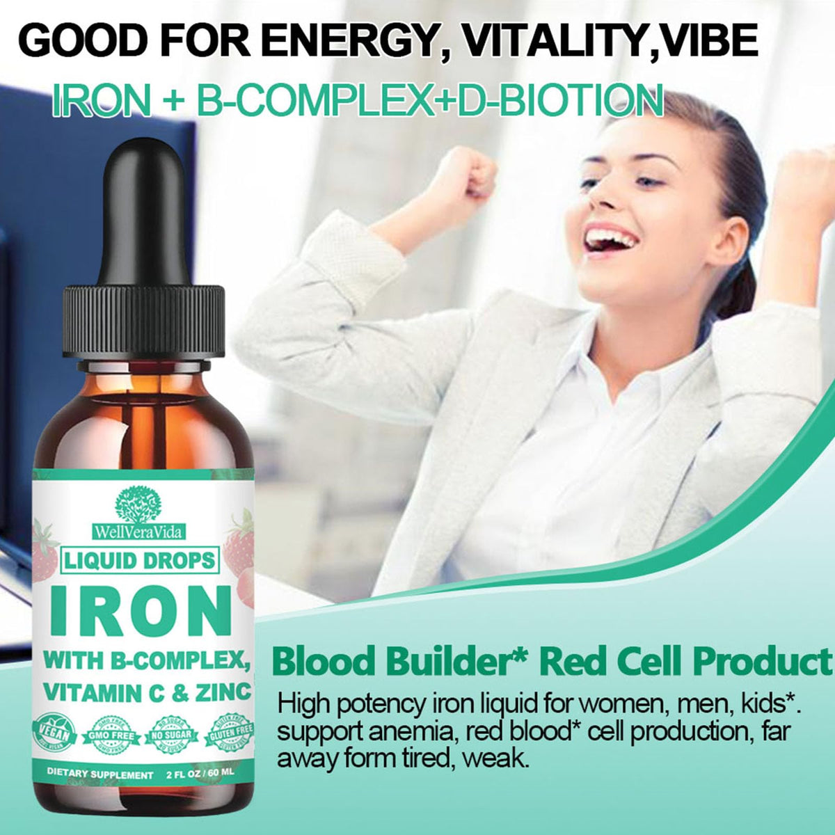 WellVeraVida Liquid Iron with Vitamin C, B-Complex & Multivitamin β Vegan Iron Drops