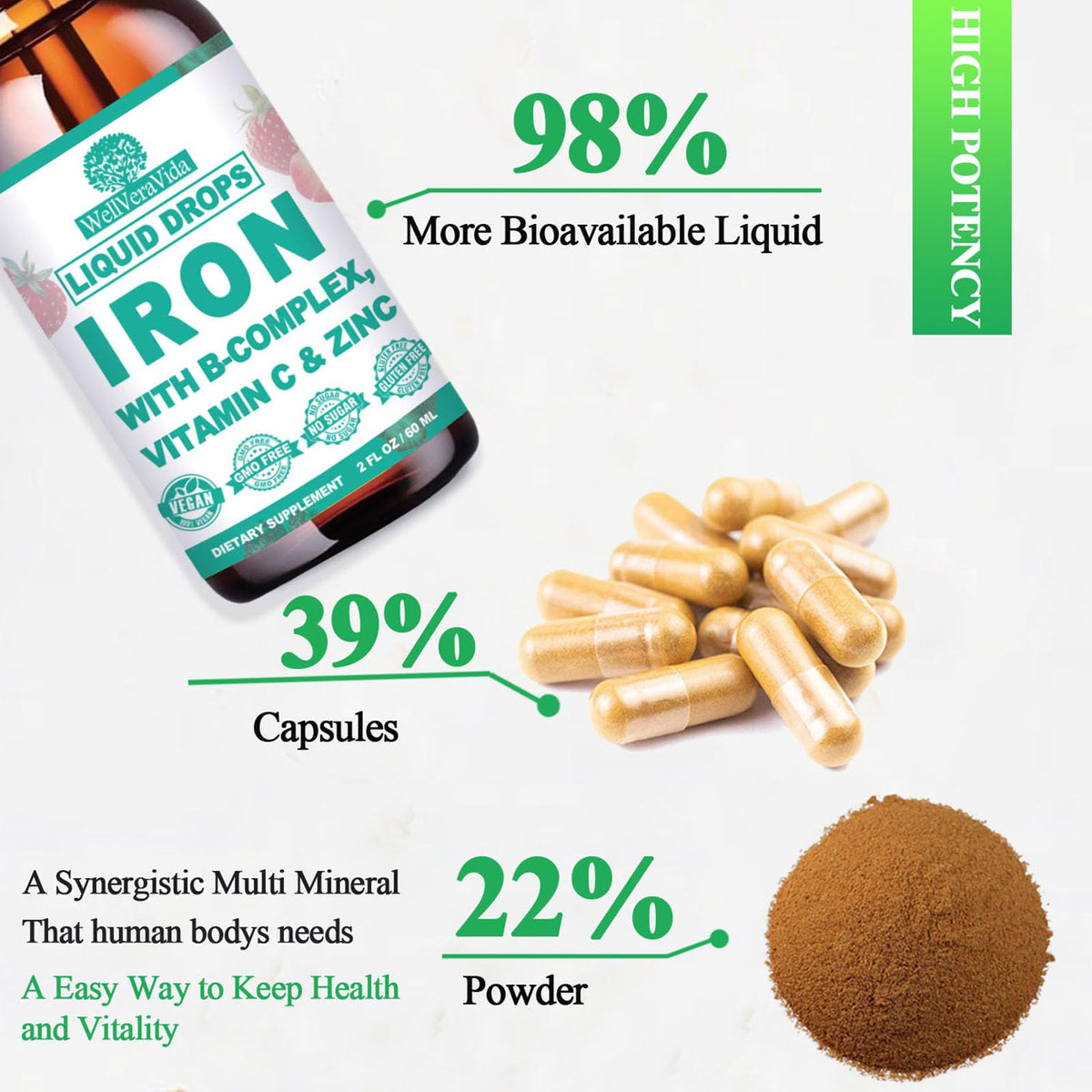 WellVeraVida Liquid Iron with Vitamin C, B-Complex & Multivitamin β Vegan Iron Drops