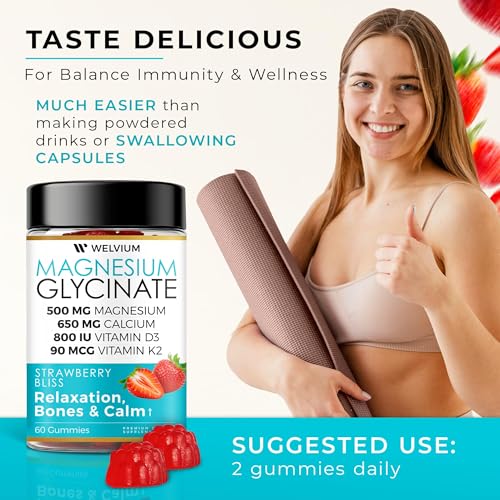 WELVIUM Magnesium Glycinate Gummies for Sleep & Calm β 500mg Magnesium Glycinate, D3, K2, Calcium, Zinc, B6, Ashwagandha & L-Theanine