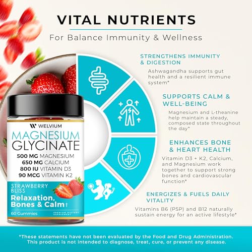 WELVIUM Magnesium Glycinate Gummies for Sleep & Calm β 500mg Magnesium Glycinate, D3, K2, Calcium, Zinc, B6, Ashwagandha & L-Theanine