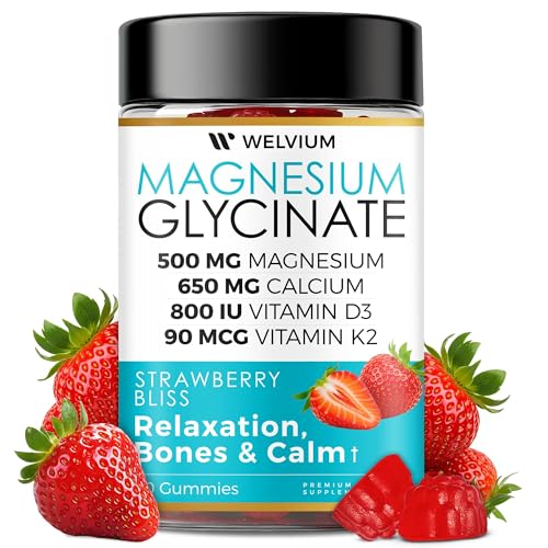 WELVIUM Magnesium Glycinate Gummies for Sleep & Calm β 500mg Magnesium Glycinate, D3, K2, Calcium, Zinc, B6, Ashwagandha & L-Theanine