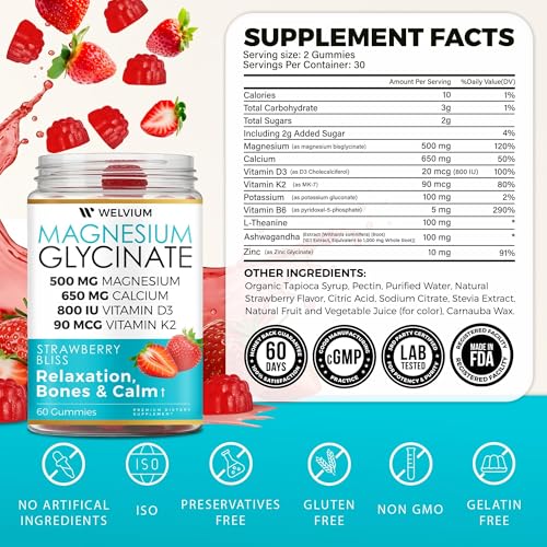 WELVIUM Magnesium Glycinate Gummies for Sleep & Calm β 500mg Magnesium Glycinate, D3, K2, Calcium, Zinc, B6, Ashwagandha & L-Theanine