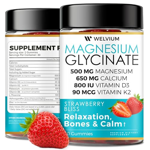 WELVIUM Magnesium Glycinate Gummies for Sleep & Calm β 500mg Magnesium Glycinate, D3, K2, Calcium, Zinc, B6, Ashwagandha & L-Theanine