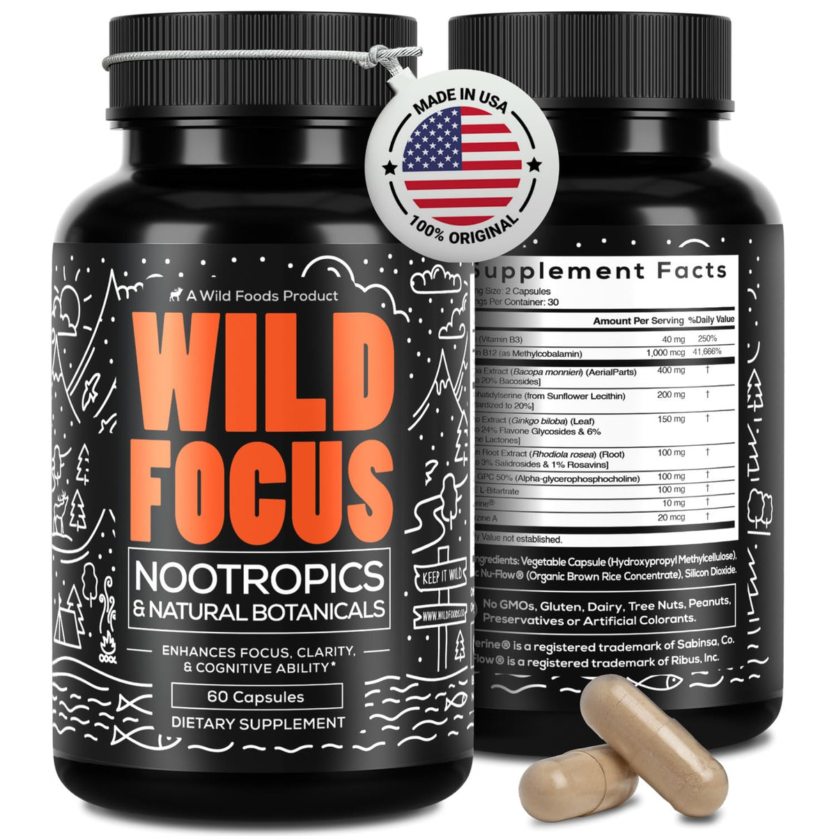 Wild Focus Brain Supplements | Caffeine-Free, Plant-Based Botanicals | Lions Mane, Ginkgo Biloba, Bacopa Monnieri, Lemon Balm | 100% Natural Nootropic | 60 caps